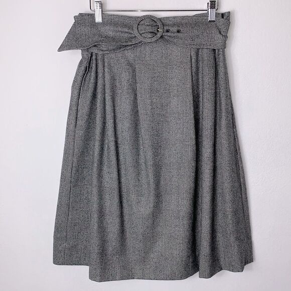 J. Crew Collection 100% Wool Houndstooth Plaid Paper Bag Midi Belted Skirt Sz S - Picture 2 of 12